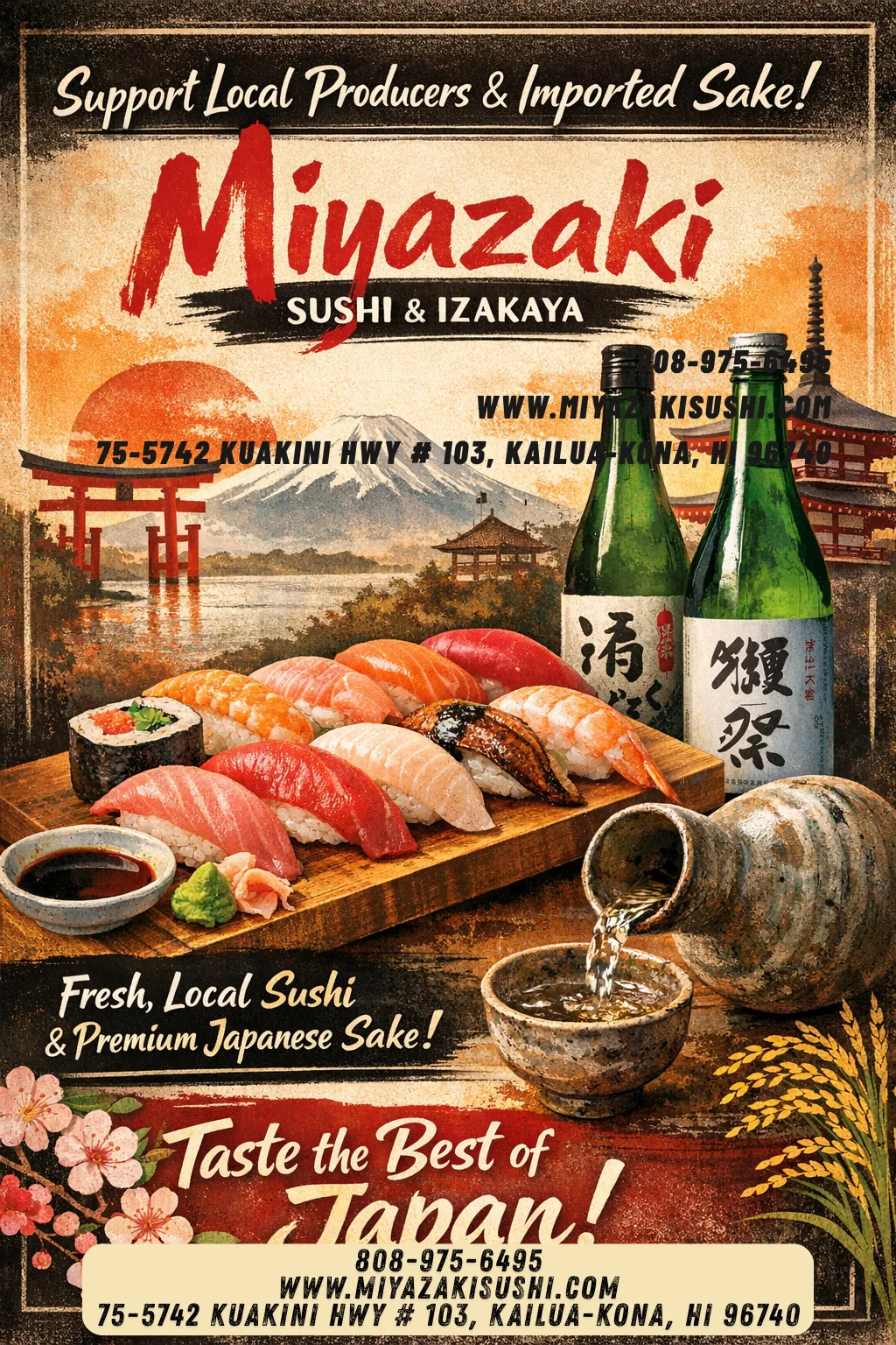 A vibrant sushi platter and premium sake at Miyazaki Sushi & IZAKAYA, a Japanese Restaurant in Kailua-Kona.