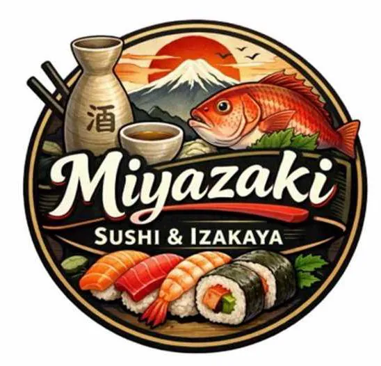Vibrant round logo with sushi, Mt. Fuji & koi at Miyazaki Sushi & IZAKAYA, a Japanese Restaurant in Kailua-Kona.